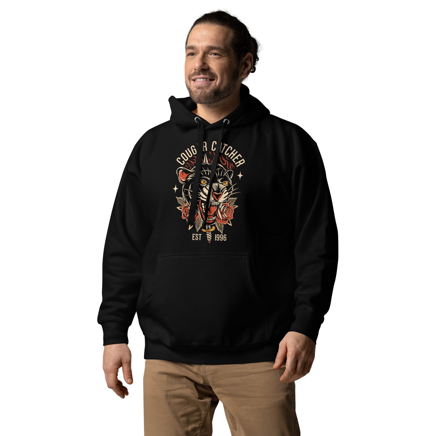 A man wearing a Colorado-themed Cougar Catcher Ink'd up Hoodie with a skull and crossbones on it.